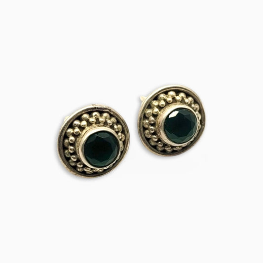 Green Onyx Stud Earrings with Beaded Setting