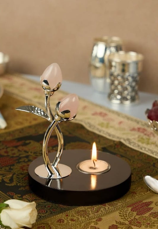 925 Silver Rose Quartz Buds Tea Light Holder