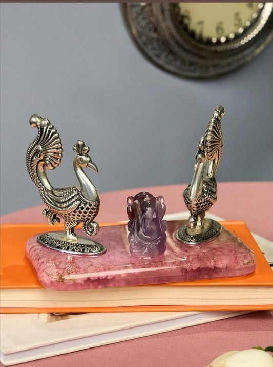 925 Silver Peacocks with Amethyst Ganeshji Idol